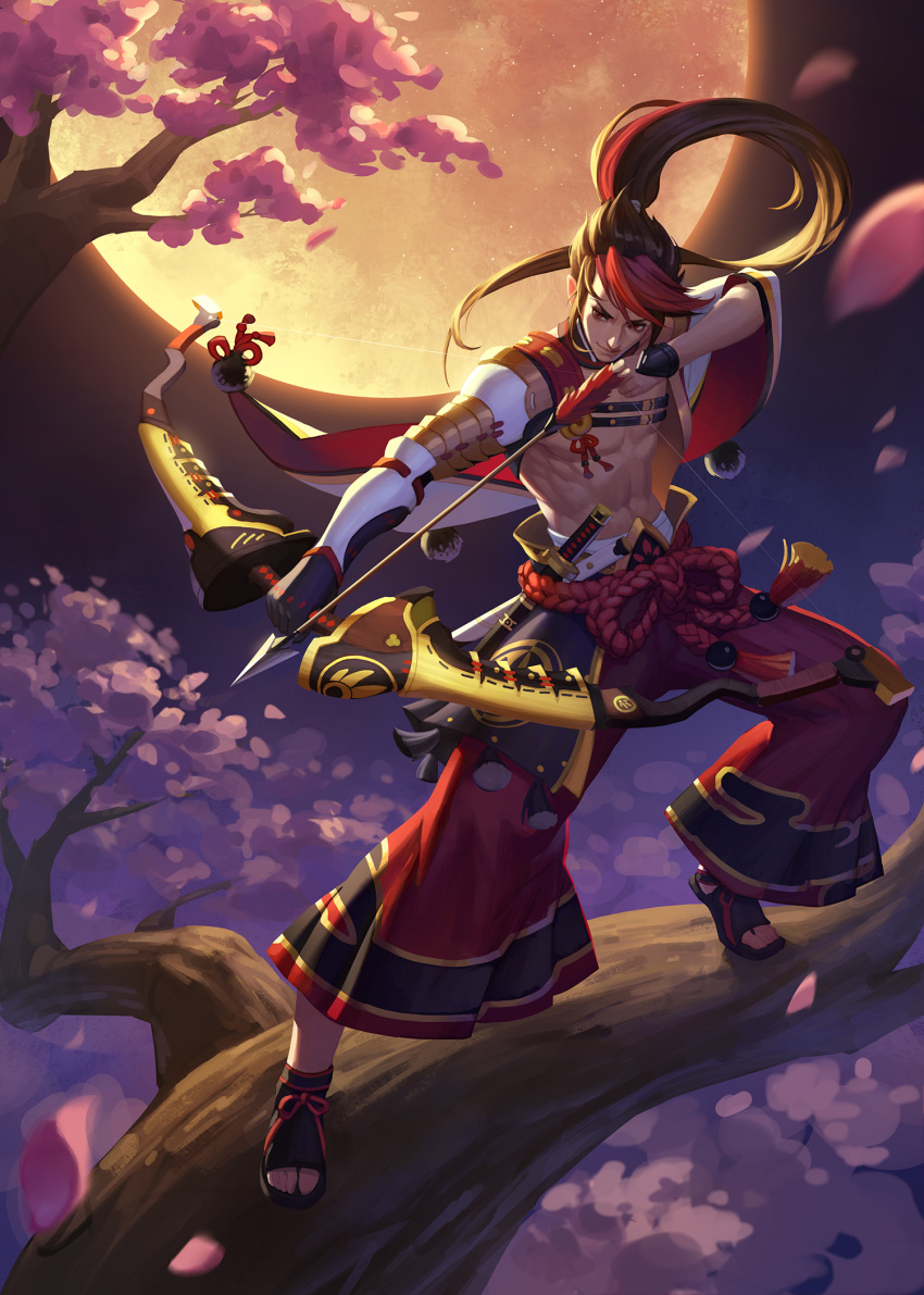 1boy bow_(weapon) brown_hair gauntlets highres holding holding_bow_(weapon) holding_weapon jun_luo long_hair looking_away multicolored_hair night onmyouji original outdoors ponytail red_eyes redhead sandals sheath sheathed solo sword tree tree_branch weapon