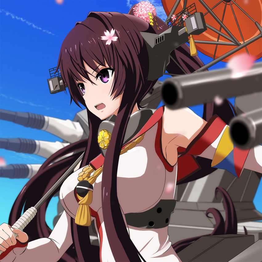 1girl breasts brown_hair cherry_blossoms collar day detached_sleeves flower hair_flower hair_intakes hair_ornament headgear highres kantai_collection large_breasts long_hair looking_to_the_side open_mouth oriental_umbrella outdoors petals ponpu-chou ponytail sky smokestack solo turret umbrella upper_body violet_eyes yamato_(kantai_collection) z-flag