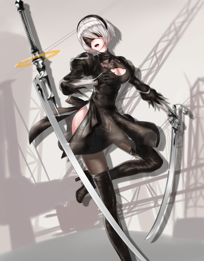 1girl absurdres black_boots black_dress black_hairband blindfold boots cleavage_cutout dress feather-trimmed_sleeves hairband highleg highleg_leotard highres kai_(pixiv12466647) leotard long_sleeves mole mole_under_mouth nier_(series) nier_automata open_mouth short_hair silver_hair solo sword thigh-highs thigh_boots thighhighs_under_boots weapon yorha_no._2_type_b