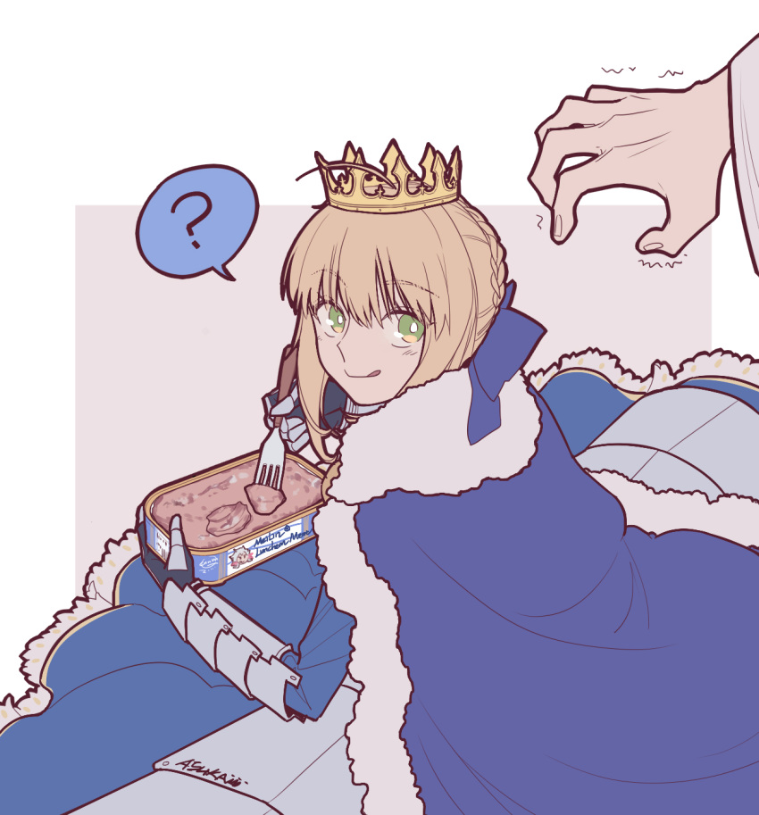 1girl ? ahoge artoria_pendragon_(all) blonde_hair blue_bow blue_dress bow braid cape crown dress eating eyebrows_visible_through_hair fate/grand_order fate/stay_night fate_(series) food fork french_braid fur_trim gauntlets green_eyes hair_bow highres liangchanxingmingrixiang licking_lips looking_at_another looking_back meat merlin_(fate/stay_night) saber tongue tongue_out