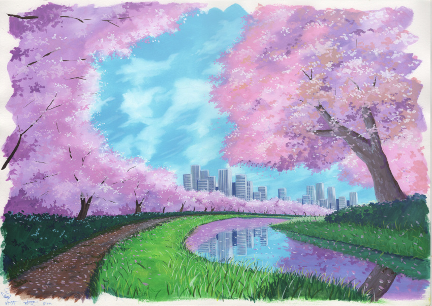 blue_sky building cherry_blossoms city clouds cloudy_sky commentary day flower grass highres no_humans original outdoors path reflection river road sawitou_mizuki scenery sky skyscraper traditional_media tree