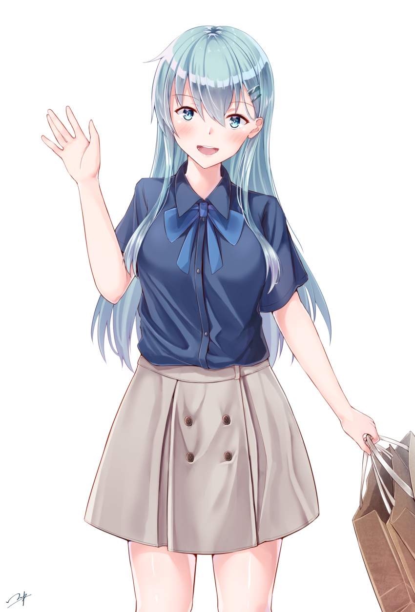 1girl alternate_costume alternate_eye_color aqua_hair blouse blue_blouse blue_eyes blush breasts collared_blouse commentary_request grey_skirt hair_between_eyes hair_ornament hairclip hand_up highres holding_bag kantai_collection long_hair long_skirt medium_breasts open_mouth shiny shiny_hair short_sleeves simple_background skirt solo suzuya_(kantai_collection) upper_body waving white_background yukai_nao