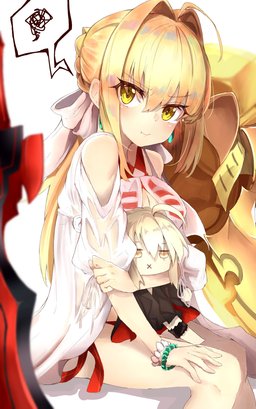 1girl absurdres aestus_estus ahoge artoria_pendragon_(all) babydoll bikini blonde_hair bow bracelet braid character_doll earrings eyes_visible_through_hair fate/grand_order fate_(series) green_eyes hair_between_eyes hair_bow hair_intakes halterneck highres jewelry long_hair looking_at_viewer nero_claudius_(swimsuit_caster)_(fate) pout ranf saber_alter saber_extra side-tie_bikini sitting solo striped striped_bikini swimsuit