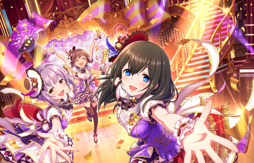 3girls :3 ankle_boots artist_request bangs black_hair blue_eyes blush boots bow breasts brown_eyes brown_hair cleavage closed_eyes confetti dancing dress frills hair_between_eyes hat honda_mio idol idolmaster idolmaster_cinderella_girls idolmaster_cinderella_girls_starlight_stage jumping koshimizu_sachiko long_hair looking_at_viewer microphone mini_hat multiple_girls official_art open_mouth outstretched_arms pinstripe_legwear puffy_short_sleeves puffy_sleeves purple_dress purple_hair sagisawa_fumika short_hair short_sleeves showtime_illusion smile spread_arms stage stairs thigh-highs wrist_cuffs