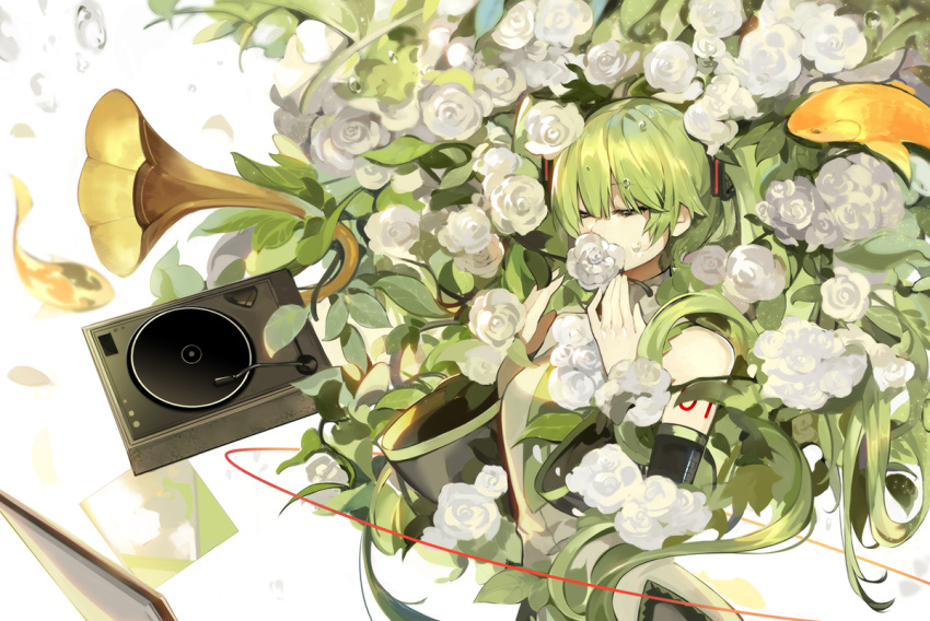 1girl absurdly_long_hair blue_necktie breasts closed_eyes facing_away flower green_hair hatsune_miku large_breasts long_hair necktie phonograph saberiii solo twintails very_long_hair vocaloid