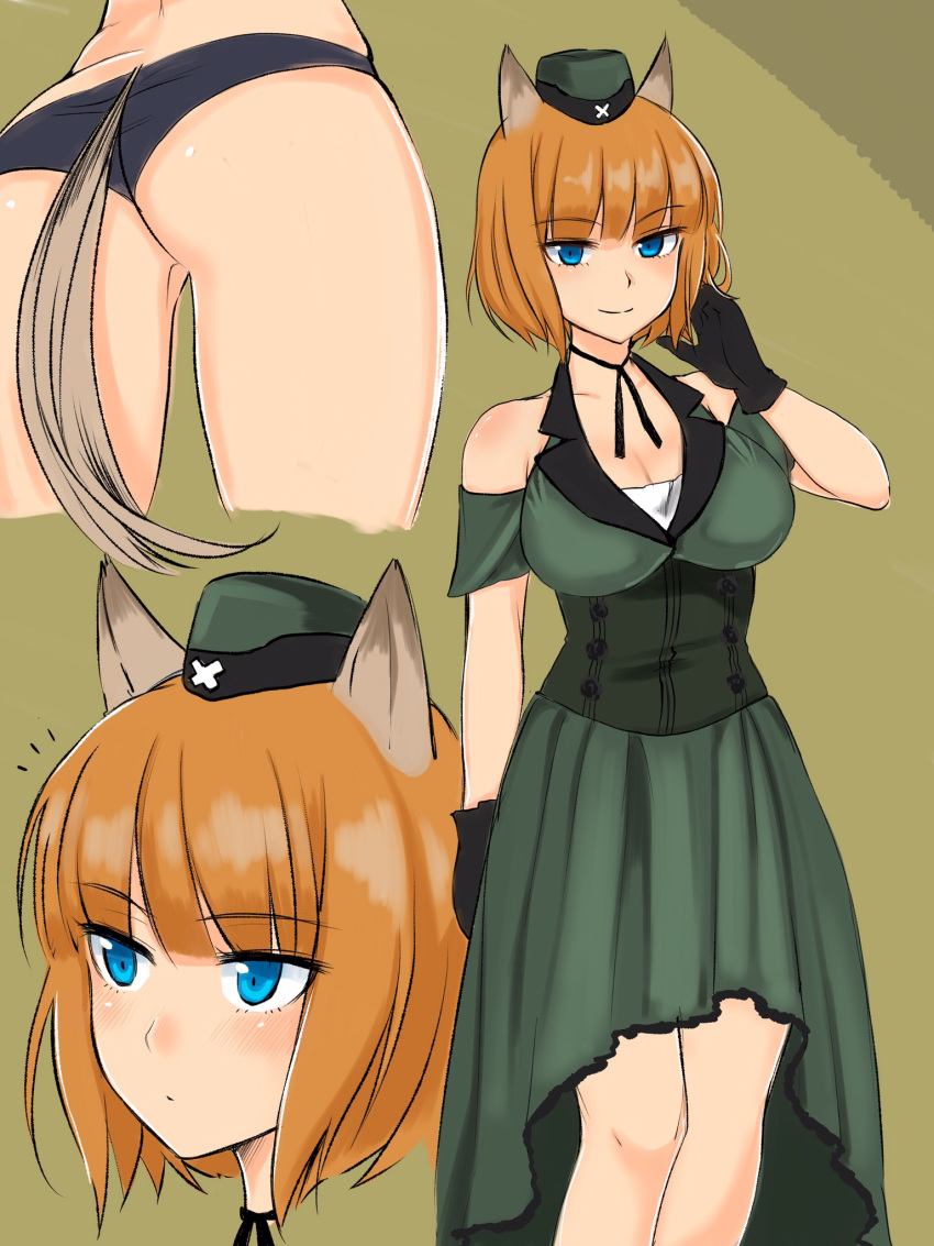 &gt;:) /\/\/\ 1girl animal_ears arm_at_side ass bare_shoulders black_gloves black_panties black_ribbon blue_eyes blush brave_witches breasts brown_hair closed_mouth commentary_request corset cropped_legs dress emirio110 emirio_(user_wmup5874) eyebrows_visible_through_hair garrison_cap gloves green_background green_dress gundula_rall hat highres large_breasts multiple_views neck_ribbon panties ribbon short_hair smile standing tail underwear world_witches_series