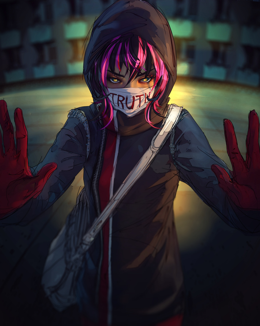 1girl absurdres bag bangs black_hair blurry blurry_background covered_mouth face_mask fisheye_placebo gloves green_eyes hair_between_eyes hands_up highres hood hoodie long_sleeves looking_at_viewer mask multicolored multicolored_eyes pink_hair red_gloves short_hair shoulder_bag solo upper_body wenqing_yan yellow_eyes