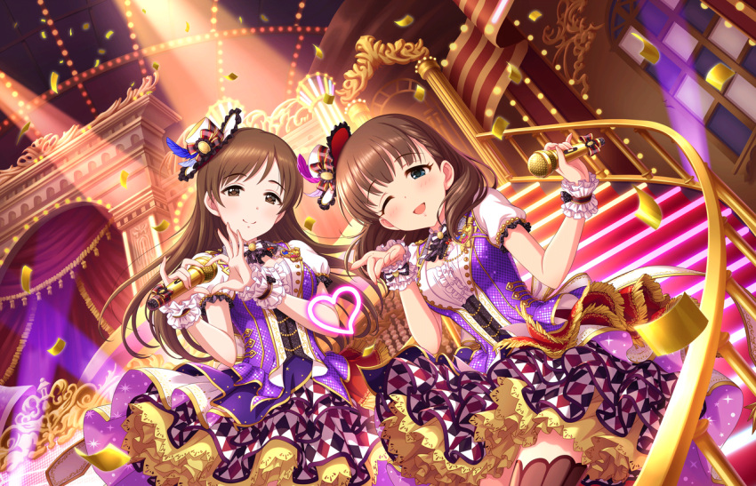 2girls artist_request bangs blue_eyes blush bow breasts brown_eyes brown_hair closed_mouth confetti dress frills hat heart holding idol idolmaster idolmaster_cinderella_girls idolmaster_cinderella_girls_starlight_stage long_hair looking_at_viewer microphone mini_hat multiple_girls nitta_minami official_art one_eye_closed open_mouth puffy_short_sleeves puffy_sleeves sakuma_mayu short_hair short_sleeves showtime_illusion smile stage stairs thigh-highs wrist_cuffs