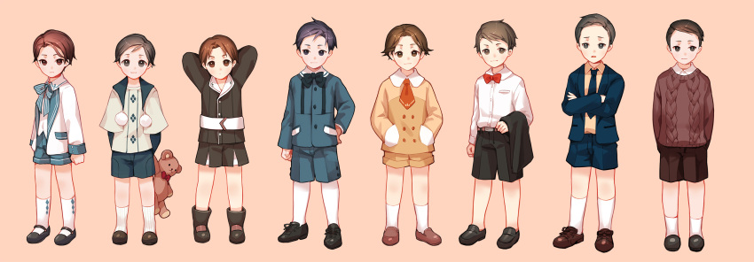 6+boys amari_(joker_game) arms_behind_back arms_behind_head bangs beige_background belt black_shoes black_shorts blue_necktie blue_shorts bow bowtie brown_eyes brown_hair brown_shoes brown_shorts brown_sweater buttons child closed_mouth collared_shirt fukumoto_(joker_game) hand_on_hip hands_in_pockets hatano_(joker_game) highres jacket jitsui_(joker_game) joker_game kaminaga_(joker_game) loafers long_sleeves looking_at_viewer male_focus mary_janes miyoshi_(joker_game) multiple_boys necktie odagiri_(joker_game) open_clothes open_mouth orange_necktie pinkiepies2 pocket red_bow red_bowtie ribbed_sweater ribbon shirt shoes short_hair shorts simple_background smile socks standing stuffed_animal stuffed_toy sweater tazaki_(joker_game) teddy_bear toy white_legwear yellow_shorts younger