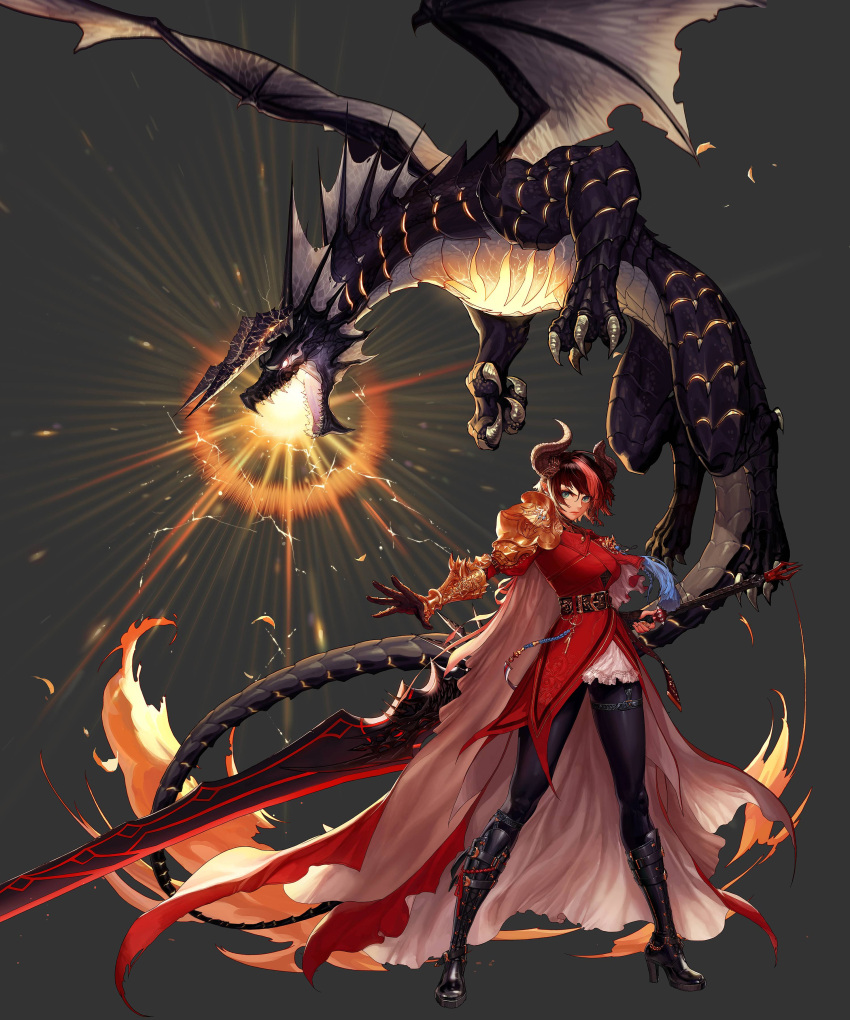 absurdres armor artist_request black_hair blue_eyes boots breathing_fire cape coat dragon dragon_knight_(dungeon_and_fighter) dungeon_and_fighter fire gauntlets highres horns knight_(dungeon_and_fighter) multicolored_hair official_art pantyhose pink_hair pointy_ears red_cape red_coat shoulder_armor sword weapon