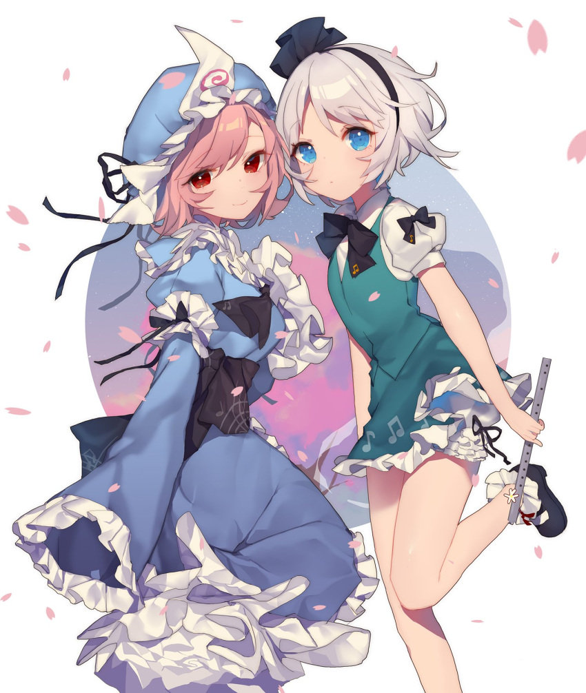 2girls acidear bangs beamed_quavers black_bow black_bowtie black_shoes blue_eyes blue_hat bow bowtie closed_mouth collared_shirt eyebrows_visible_through_hair flute frills green_skirt hair_bow hat highres holding instrument juliet_sleeves konpaku_youmu long_sleeves looking_at_viewer mary_janes mob_cap multiple_girls musical_note petals pink_hair puffy_sleeves quaver red_eyes saigyouji_yuyuko shirt shoes short_hair short_sleeves skirt skirt_set sleeveless sleeves_past_wrists smile socks touhou triangular_headpiece white_hair white_legwear white_shirt
