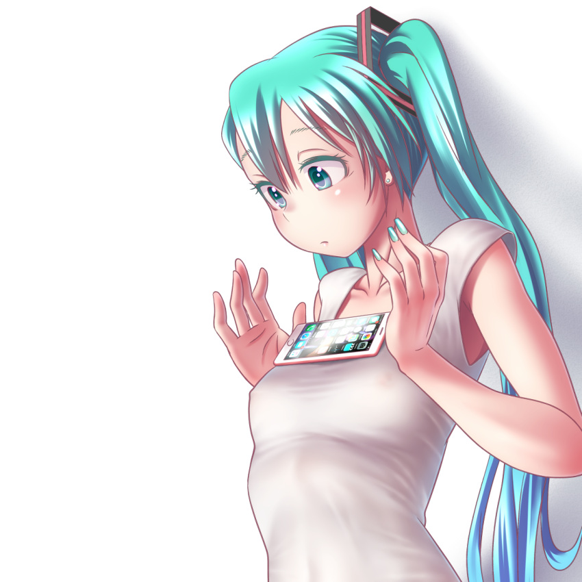1girl aqua_eyes aqua_hair aqua_nails bangs breast_conscious breasts cellphone collarbone earrings erect_nipples fingernails from_side hair_ornament hands_up hatsune_miku highres jewelry light_frown long_hair looking_down meme nail_polish phone see-through shirt sleeveless sleeveless_shirt small_breasts smartphone solo stud_earrings tank_top tawawa_challenge twintails vocaloid white_background white_shirt wokada