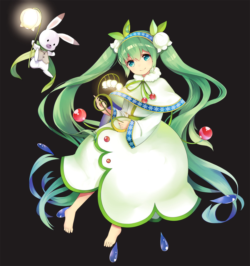 1girl barefoot black_background blue_eyes blue_hairband capelet floating_hair flower green_hair hair_flower hair_ornament hairband hatsune_miku head_tilt highres long_hair musical_note rin_cat simple_background smile solo twintails very_long_hair vocaloid white_flower yuki_miku