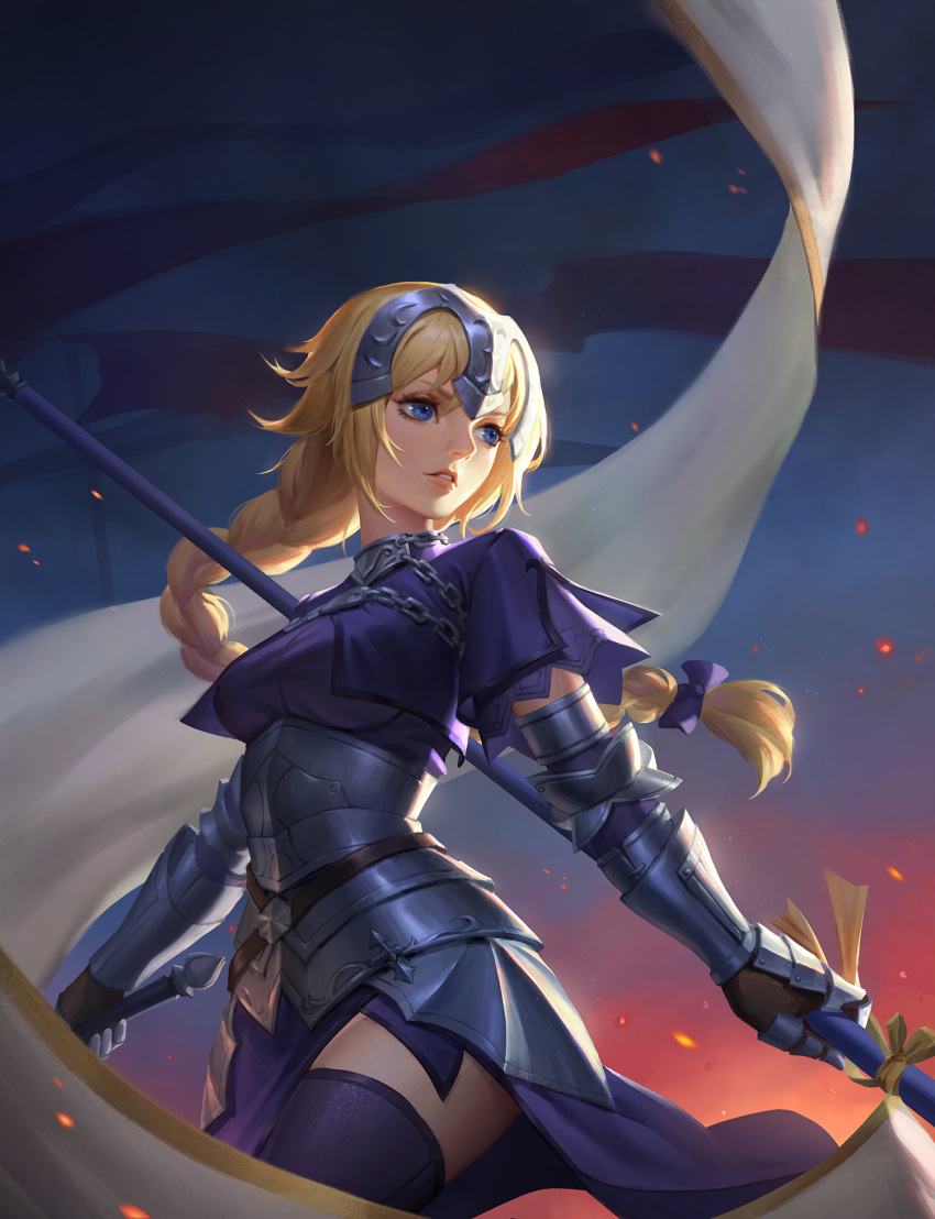 1girl armor black_legwear blonde_hair blue_eyes blue_legwear braid breasts cowboy_shot diadem eyebrows_visible_through_hair fate/grand_order fate_(series) flag gauntlets headpiece highres holding holding_flag holding_sword holding_weapon large_breasts long_hair looking_away parted_lips ruler_(fate/apocrypha) solo standing sword thigh-highs weapon