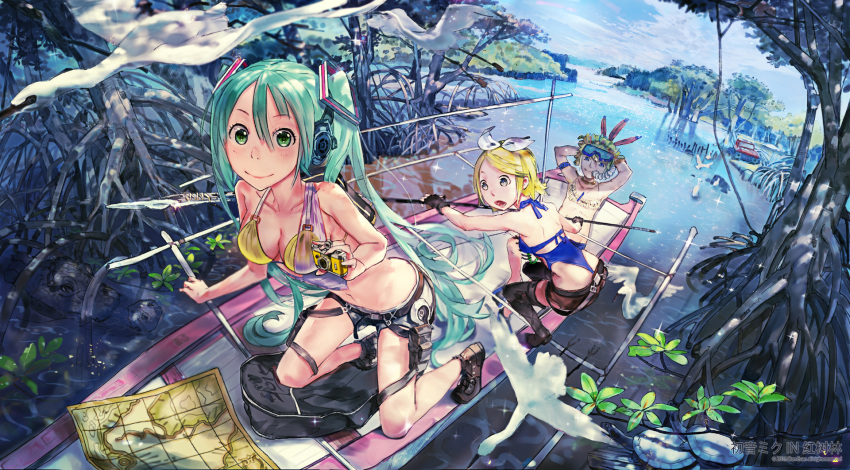 1boy 2girls aqua_hair armband arms_behind_head bag bangs bikini bikini_under_clothes bird black_legwear blonde_hair blue_bikini blue_eyes boat breasts camera cleavage clouds cloudy_sky collarbone crane_(animal) crocodile crocodilian cross-laced_footwear day el-zheng feathers fingerless_gloves gloves goggles goggles_on_head green_eyes ground_vehicle hair_between_eyes hair_feathers hair_ornament hatsune_miku headphones highres holding holding_camera holding_weapon jewelry kagamine_len kagamine_rin kneeling long_hair looking_at_viewer mangrove map medium_breasts motor_vehicle multiple_girls navel necklace open_mouth outdoors perspective polearm revision short_hair short_shorts shorts sitting sky smile snorkel sparkle spear squatting swamp swept_bangs swimsuit swimsuit_under_clothes thigh-highs tree truck turtle twintails vehicle very_long_hair vocaloid water watercraft weapon