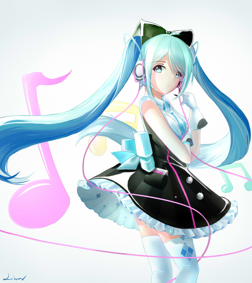 1girl black_bow blue_eyes blue_hair bow dress eyebrows_visible_through_hair frilled_dress frills gloves gradient gradient_background grey_background hair_bow hatsune_miku headphones highres long_hair magical_mirai_(vocaloid) microphone musical_note parted_lips short_dress signature solo standing thigh-highs twintails very_long_hair vocaloid white_gloves white_legwear