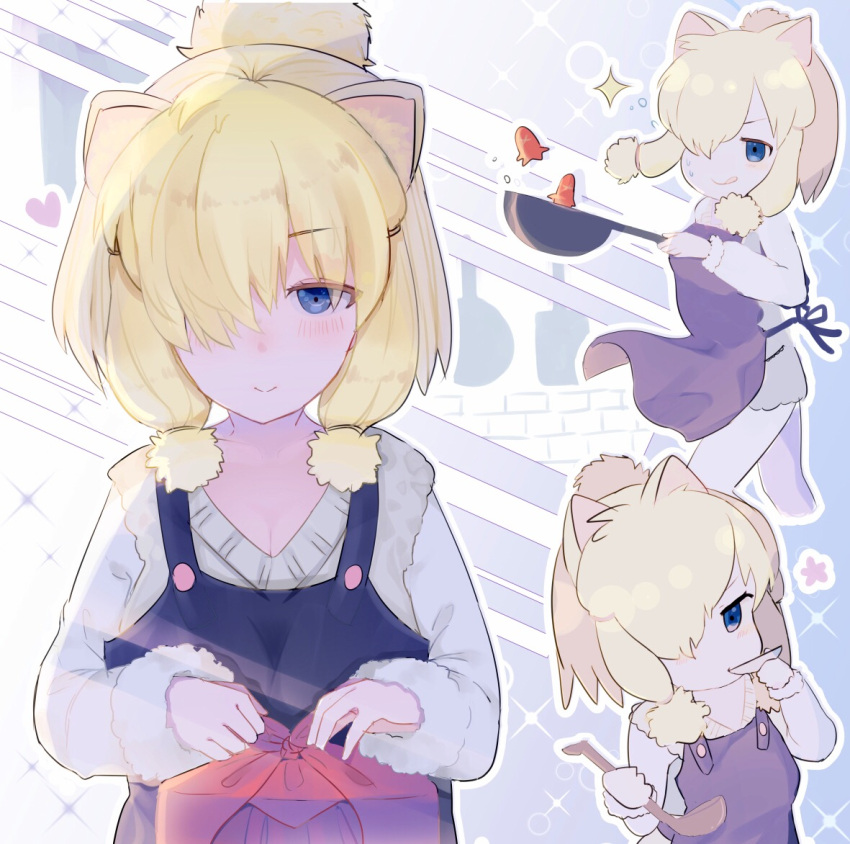 1girl alpaca_ears alpaca_suri_(kemono_friends) ancolatte_(onikuanco) apron black_apron blonde_hair blue_eyes blush closed_mouth eyebrows_visible_through_hair frying_pan hair_over_one_eye kemono_friends ladle looking_away short_hair smile tongue tongue_out