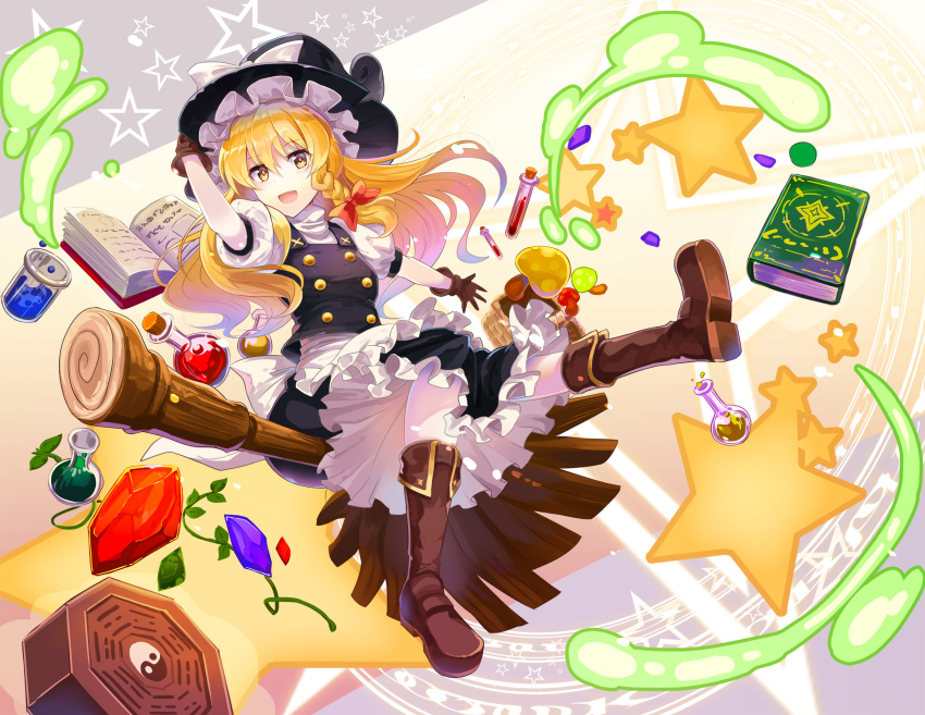 1girl :d apron arm_up bangs basket black_skirt blonde_hair book boots bow braid broom broom_riding brown_boots brown_gloves eyebrows_visible_through_hair full_body gloves hair_between_eyes hair_bow hand_on_headwear hat hat_bow highres kirisame_marisa long_hair looking_at_viewer mini-hakkero mushroom open_mouth pantyhose potion puffy_short_sleeves puffy_sleeves red_bow rin_falcon short_sleeves side_braid single_braid skirt skirt_set smile solo star touhou waist_apron white_apron white_bow white_legwear witch_hat yellow_eyes