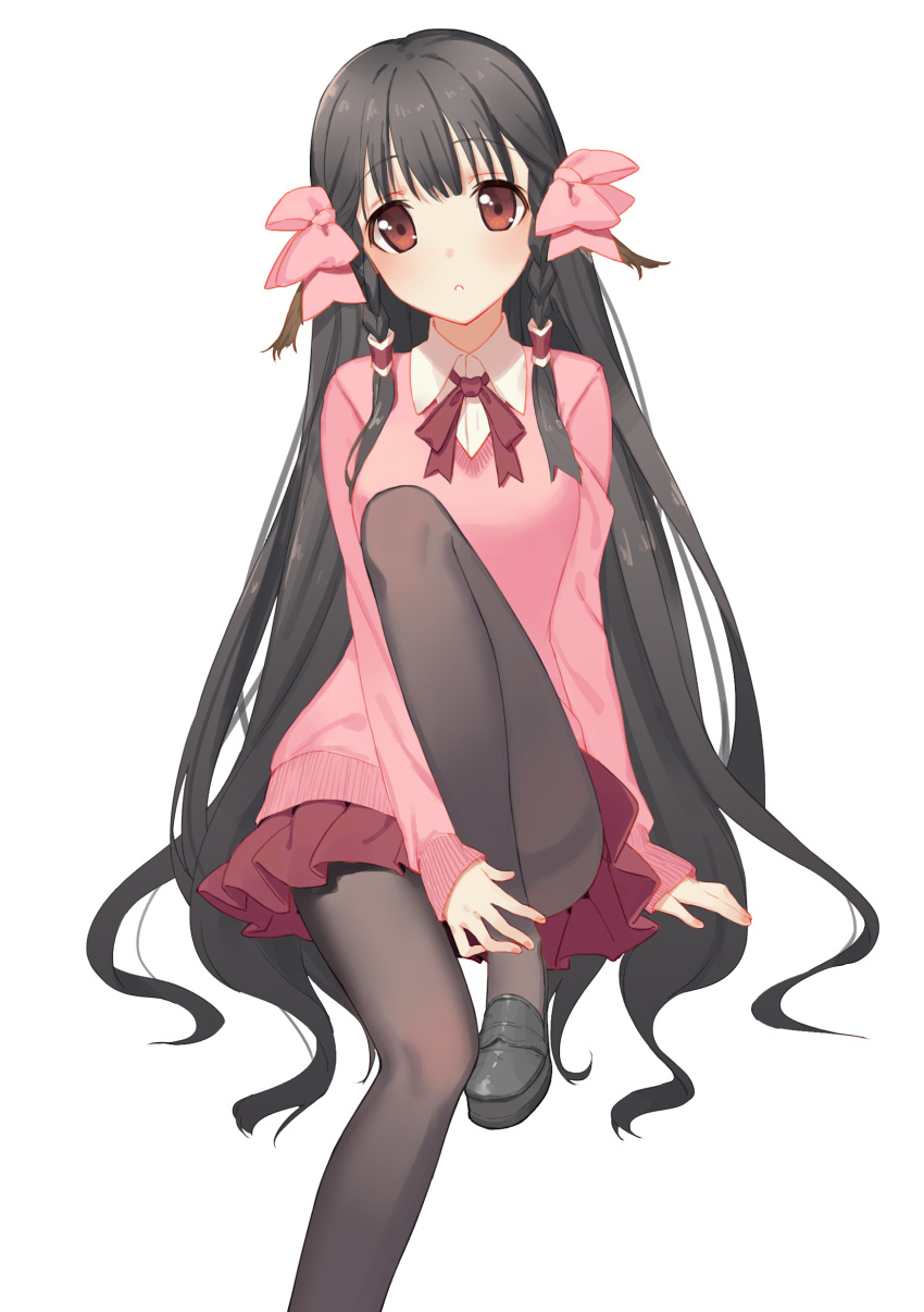 1girl absurdres animal_ears black_hair black_legwear bow braid contemporary hair_bow highres icarus_(artist) invisible_chair leg_up loafers long_hair looking_at_viewer miniskirt nail_polish pantyhose pink_bow pink_nails pink_sweater pleated_skirt red_skirt rurutie_(utawareru_mono) shoes sitting skirt solo sweater thighband_pantyhose twin_braids utawareru_mono utawareru_mono:_itsuwari_no_kamen white_background