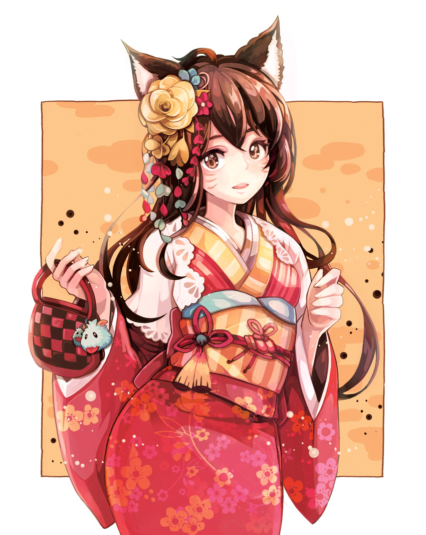 1girl absurdres ahri animal_ears blush facial_mark floral_print flower fox_ears hair_flower hair_ornament highres japanese_clothes kimono league_of_legends long_hair long_sleeves looking_at_viewer obi open_mouth sash slit_pupils smile solo symbol-shaped_pupils whisker_markings wide_sleeves yukata