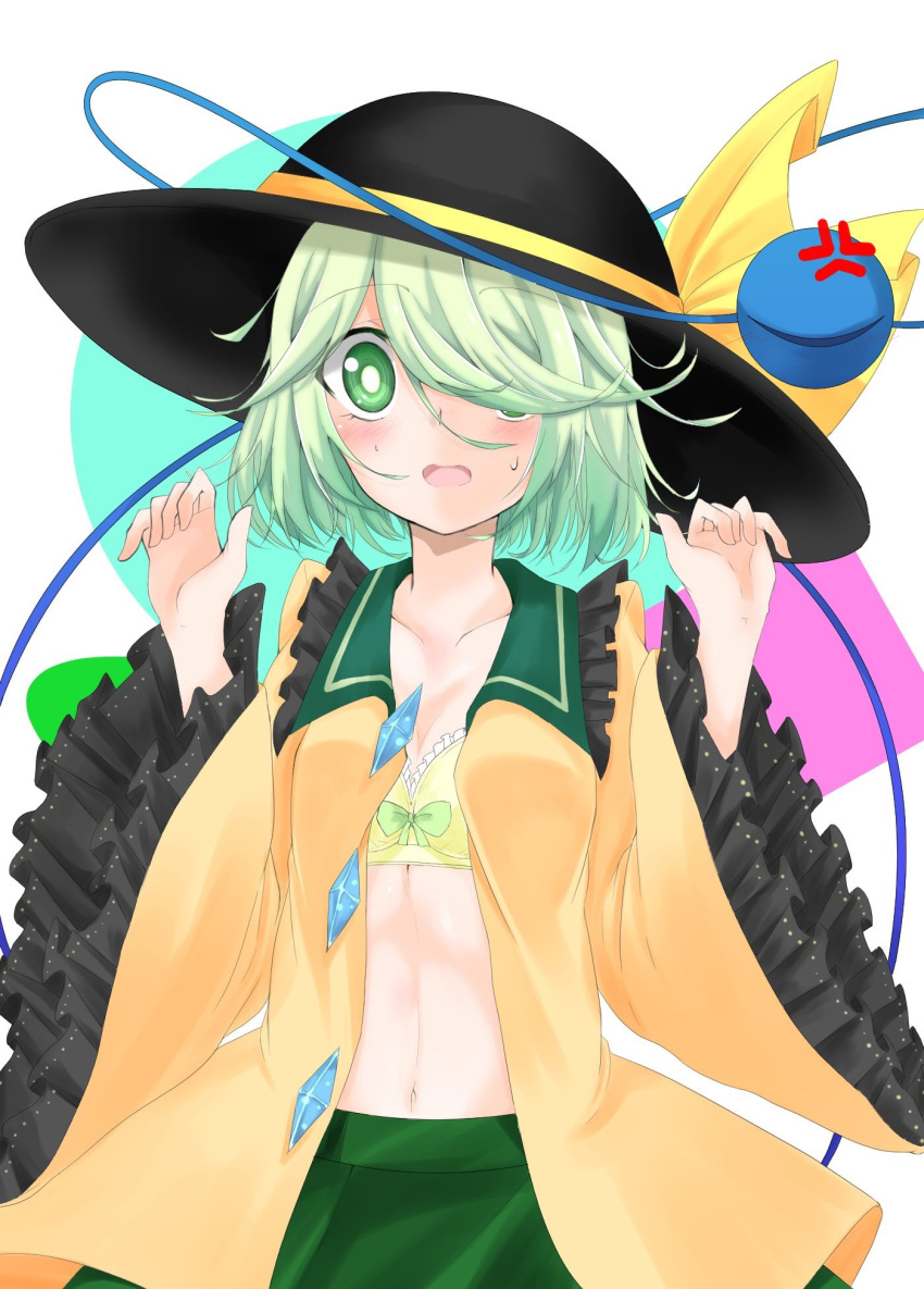 1girl anger_vein artist_request black_hat bow bow_bra bra breasts bright_pupils collarbone frilled_sleeves frills green_bow green_eyes green_hair green_skirt hair_over_one_eye hat hat_bow highres komeiji_koishi long_hair long_sleeves navel open_clothes open_shirt shirt simple_background skirt small_breasts solo third_eye touhou underwear white_background wide_sleeves yellow_bow yellow_bra yellow_shirt