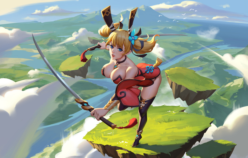 1girl bending_forward bent_over black_legwear blonde_hair blue_eyes blush breasts cleavage clouds dual_wielding floating_island highres holding holding_sword holding_weapon huge_breasts jun_luo looking_at_viewer original parted_lips short_hair short_twintails smile solo sword thigh-highs twintails weapon