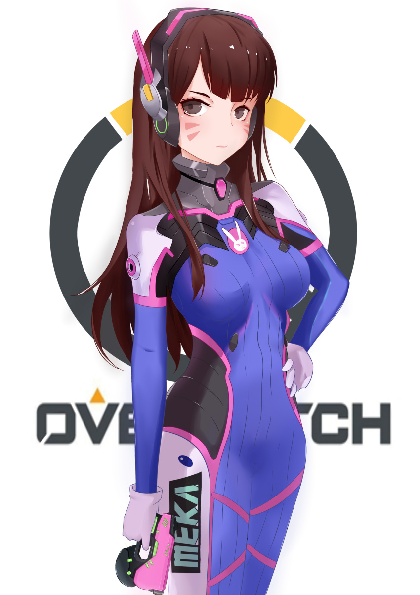 1girl absurdres blush bodysuit breasts brown_eyes brown_hair closed_mouth copyright_name d.va_(overwatch) gloves gun hand_on_hip headset highres holding holding_gun holding_weapon large_breasts long_hair looking_at_viewer misaka_(2394428643) overwatch overwatch_(logo) solo weapon white_gloves