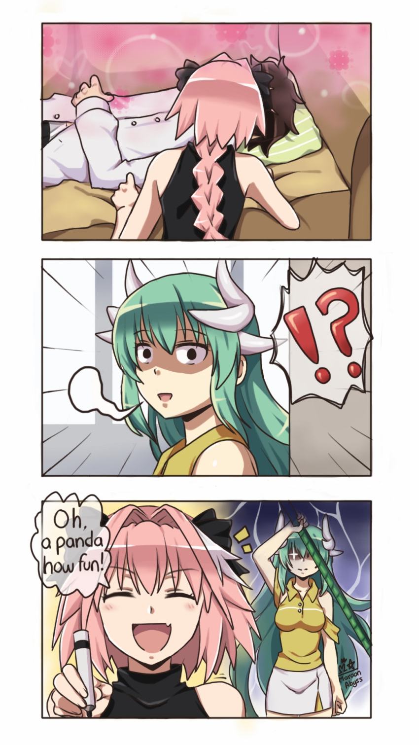 !? +_+ 1girl 2boys artist_name bow breasts commentary_request english fang fate/grand_order fate_(series) fujimaru_ritsuka_(male) green_hair hair_bow highres horns kiyohime_(fate/grand_order) kiyohime_(swimsuit_lancer)_(fate) long_hair long_sleeves maroonabyss medium_breasts multiple_boys pink_hair polearm rider_of_black shaded_face spear very_long_hair weapon