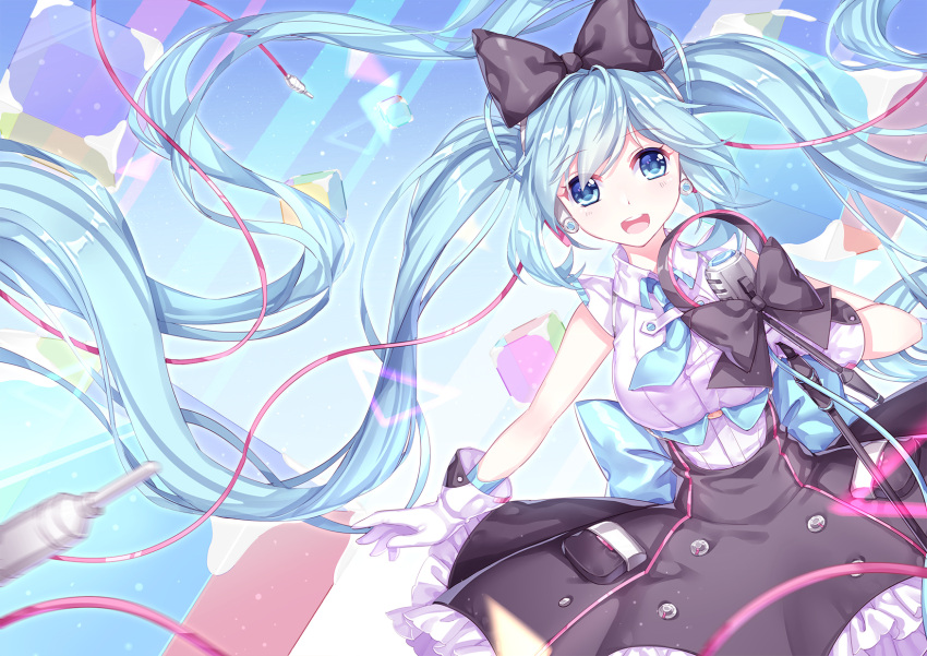 1girl absurdly_long_hair black_bow blue_eyes blue_hair blush bow breasts eyebrows_visible_through_hair gloves hatsune_miku highres holding holding_microphone kan_(rainconan) large_breasts long_hair looking_at_viewer microphone microphone_stand open_mouth smile solo twintails very_long_hair vocaloid white_gloves