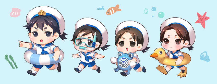 4boys :o absurdres bangs bird blue_background blue_neckerchief blue_sailor_collar blue_shorts brown_eyes brown_hair chibi child closed_mouth clownfish diving_mask duck fish flippers hat hatano_(joker_game) highres holding innertube jitsui_(joker_game) joker_game loafers male_focus miyoshi_(joker_game) multiple_boys neckerchief open_mouth pinkiepies2 pointing sailor_collar sailor_hat sakuma_(joker_game) shoes short_hair short_sleeves shorts simple_background snorkel socks toy underwater white_hat white_legwear younger