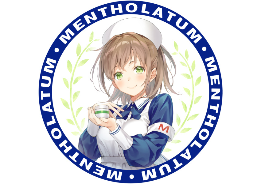 1girl armband brown_hair copyright_name green_eyes hand_up hat looking_at_viewer mentholatum nurse nurse_cap simple_background smile solo tokki upper_body