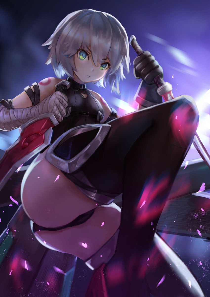 1girl absurdres arm_belt ass assassin_of_black bandage bandaged_arm bangs bare_shoulders belt_buckle black_belt black_boots black_gloves black_panties black_shirt boots buckle dual_wielding eyebrows_visible_through_hair fate/apocrypha fate_(series) from_below gloves green_eyes grey_hair hair_between_eyes halter_top halterneck hands_up highres holding holding_knife holding_weapon knife looking_at_viewer luobo_carrot no_scar one_leg_raised panties parted_lips reverse_grip scabbard sheath shirt short_hair shoulder_tattoo single_glove sleeveless sleeveless_shirt solo tattoo thigh-highs thigh_boots thighs underwear unsheathed weapon