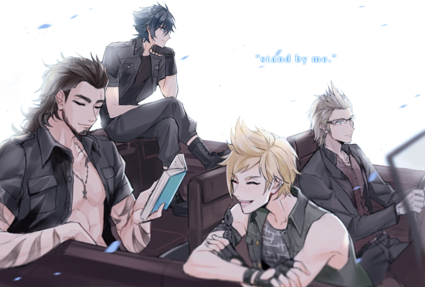 4boys armband black_clothes black_hair blonde_hair blue_hair book brown_hair car final_fantasy final_fantasy_xv freckles gladiolus_amicitia glasses ground_vehicle ignis_scientia laughing male_focus mintgreen0913 motor_vehicle multiple_boys noctis_lucis_caelum petals prompto_argentum reading sitting