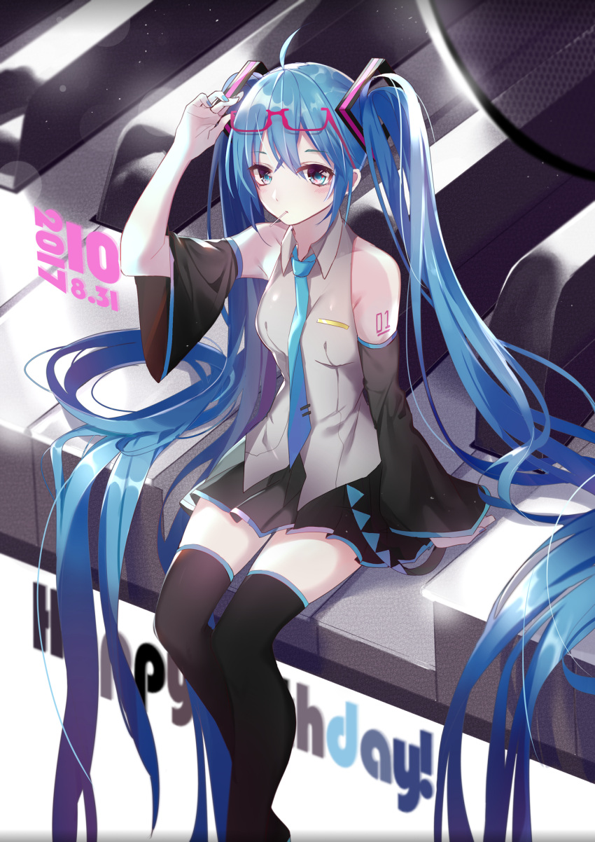 1girl 2017 ahoge akira_(ying) bangs black_legwear blue_eyes blue_hair dated detached_sleeves glasses_on_head happy_birthday hatsune_miku highres long_hair mouth_hold nail_polish necktie number_tattoo piano_keys sitting skirt solo tattoo thigh-highs twintails very_long_hair vocaloid