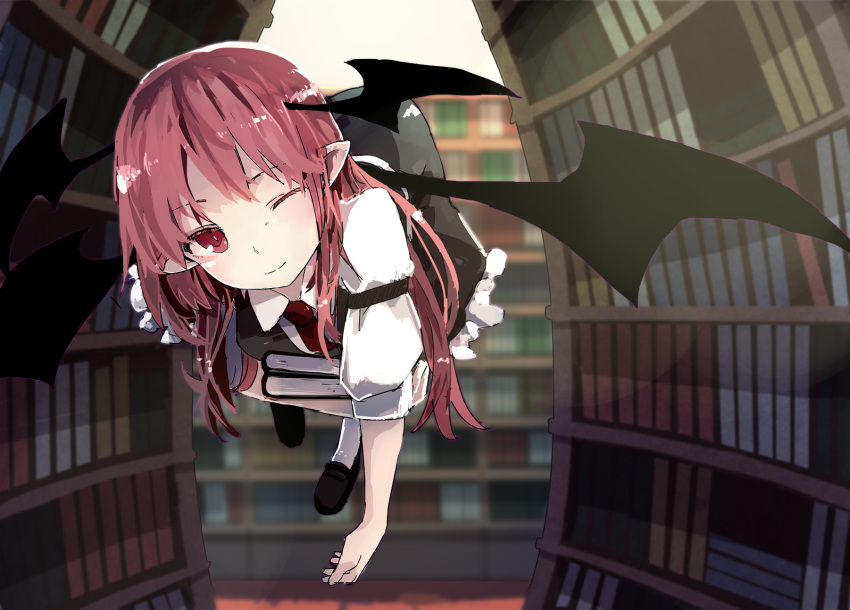 1girl black_shoes book book_stack bookshelf closed_mouth demon_wings flying full_body futatsuki_eru head_tilt head_wings highres holding holding_book koakuma library long_hair looking_at_viewer necktie one_eye_closed pointy_ears red_eyes red_necktie redhead shoes smile socks solo touhou white_legwear wings
