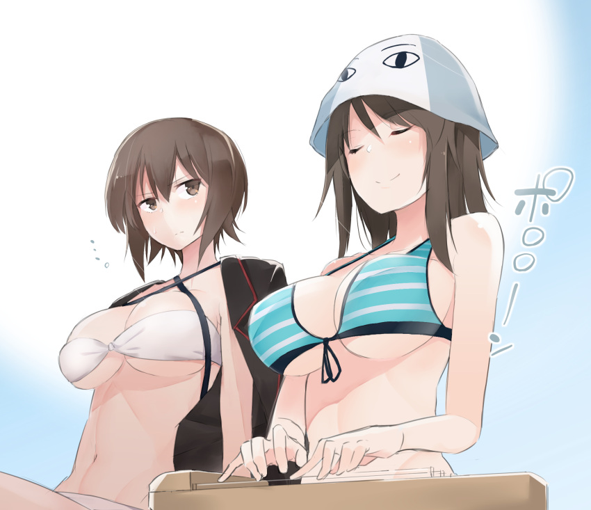 ... 2girls bandeau bare_shoulders bikini blue_background blue_bikini breasts brown_eyes brown_hair cleavage closed_eyes criss-cross_halter egyptian_mythology front-tie_top girls_und_panzer gradient gradient_background halterneck hat highres instrument jacket_on_shoulders kantele kuromorimine_military_uniform large_breasts long_hair medjed mika_(girls_und_panzer) multiple_girls muteki_souda nishizumi_maho short_hair smile striped striped_bikini sweatdrop swimsuit white_background white_bikini