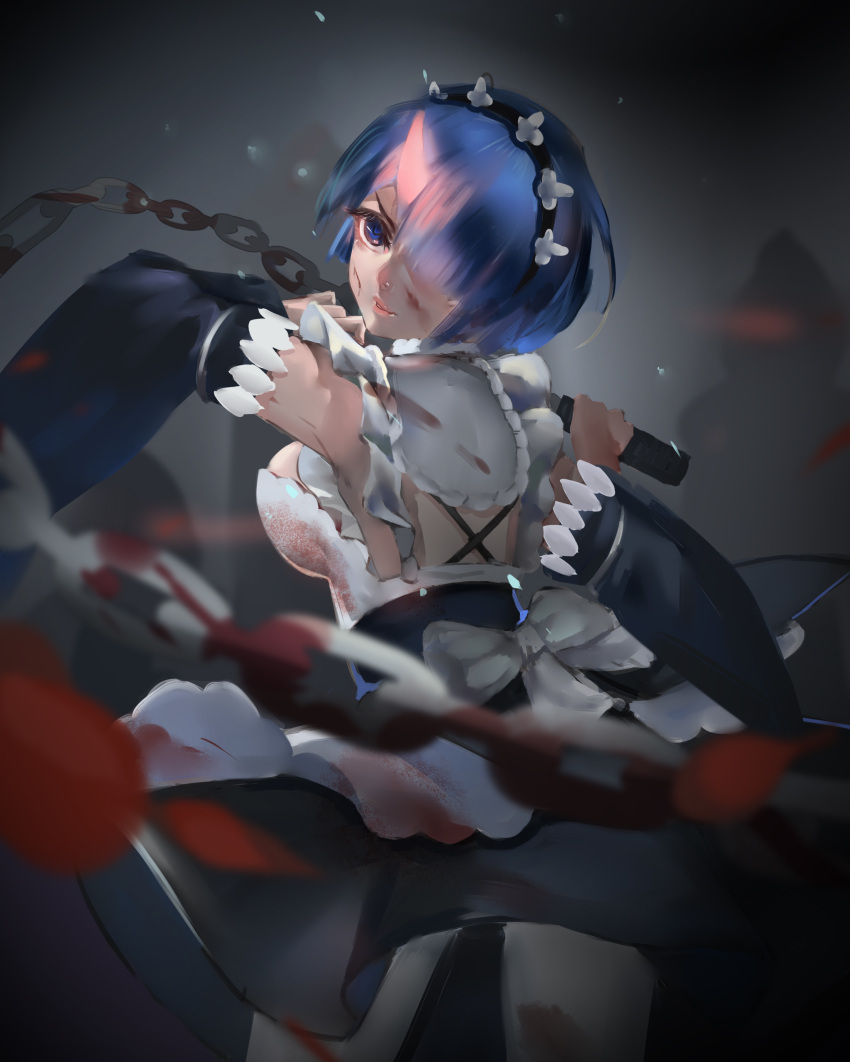 1girl absurdres black_hairband blood blood_on_face bloody_clothes blue_eyes blue_hair bow breasts chains cowboy_shot detached_sleeves from_behind hair_over_one_eye hairband head_tilt head_wreath highres holding holding_weapon horn large_breasts looking_at_viewer looking_back pantyhose parted_lips petals re:zero_kara_hajimeru_isekai_seikatsu rem_(re:zero) short_hair sideboob solo standing weapon white_bow white_legwear