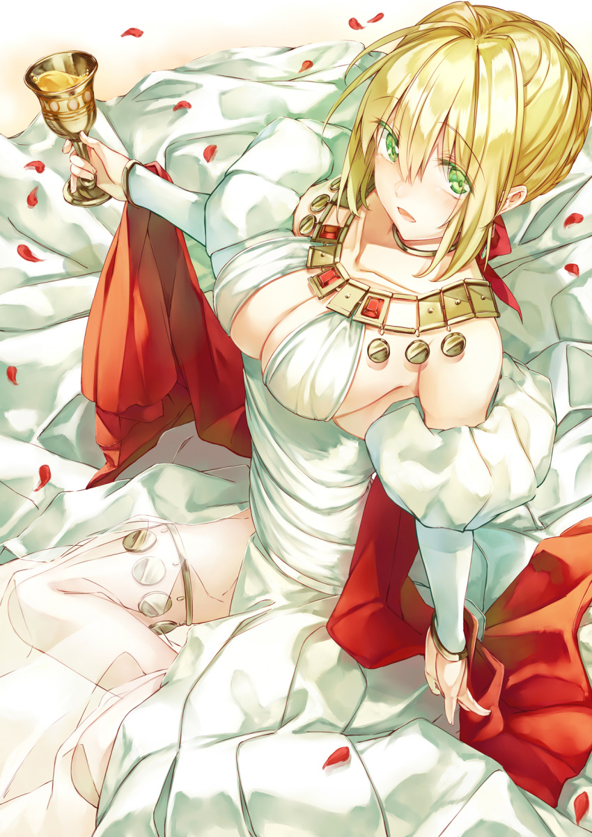 1girl bangs blonde_hair blush braid breasts cleavage cup detached_sleeves dress eyebrows_visible_through_hair fate/extra fate_(series) from_above goblet green_eyes hair_between_eyes hair_intakes highres holding holding_cup large_breasts light_smile looking_at_viewer open_mouth petals puffy_detached_sleeves puffy_sleeves rose_petals saber_extra saijou_haruki sidelocks sitting smile solo thigh-highs white_dress white_legwear yokozuwari