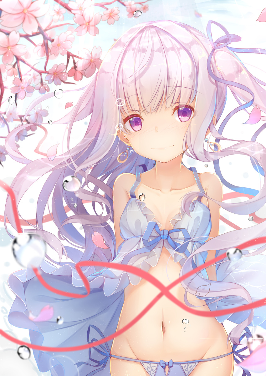 1girl blue_ribbon blush breasts cleavage closed_mouth collarbone earrings eyebrows_visible_through_hair gotou_jun hair_ribbon highres jewelry long_hair looking_at_viewer medium_breasts navel ribbon silver_hair smile solo tatapopo tenshi_no_3p! twintails violet_eyes water_drop
