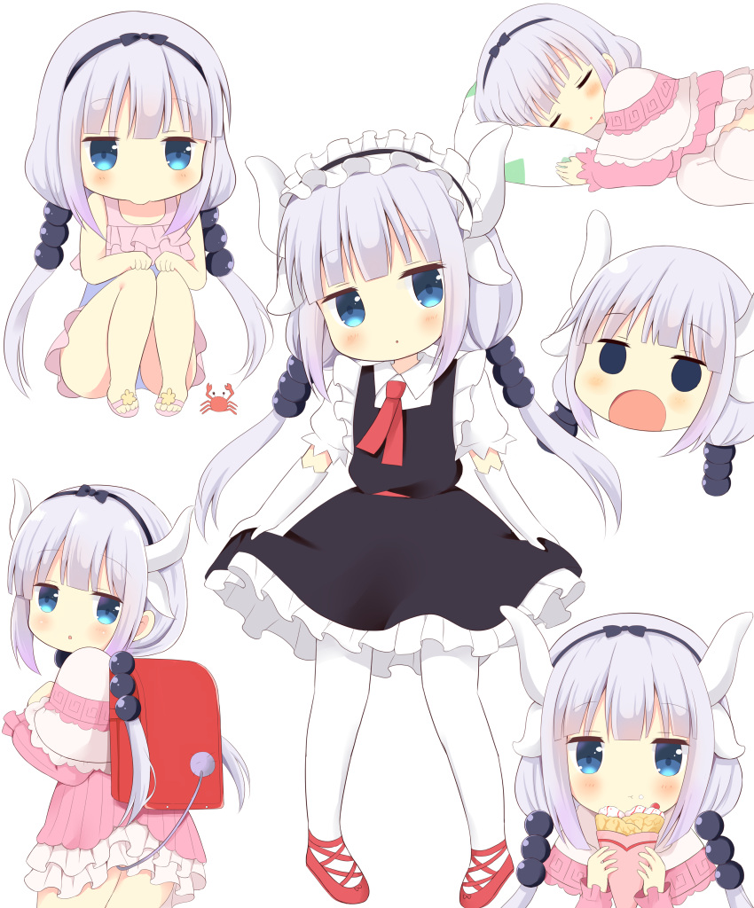 1girl absurdres alternate_costume backpack bag blue_eyes blush capelet chatsune_(white_lolita) commentary_request cosplay crab crepe eating enmaided food frilled_swimsuit frills from_behind gloves hair_ribbon highres horns jitome kanna_kamui kobayashi-san_chi_no_maidragon long_hair looking_at_viewer looking_back low_twintails maid maid_headdress multiple_views one-piece_swimsuit open_mouth pigeon-toed purple_hair randoseru ribbon sandals simple_background sleeping swimsuit tail tooru_(maidragon) tooru_(maidragon)_(cosplay) twintails white_background white_gloves white_legwear