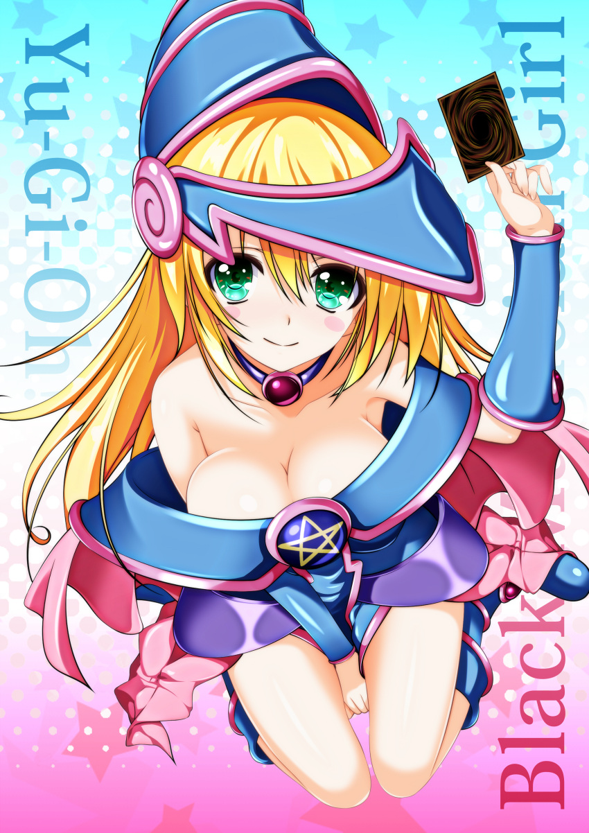 1girl absurdres bare_shoulders blonde_hair blue_boots blush blush_stickers boots breasts card choker cleavage dark_magician_girl duel_monster girls_century green_eyes hat highres large_breasts long_hair pentacle smile solo wizard_hat yu-gi-oh! yuu-gi-ou_duel_monsters