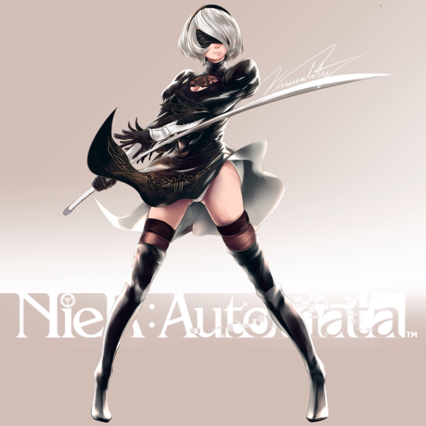 1girl black_hairband blindfold boots breasts cleavage copyright_name covered_eyes dress facing_viewer feather-trimmed_sleeves full_body hairband highres juliet_sleeves katana leotard leotard_under_clothes long_sleeves medium_breasts nier_(series) nier_automata no_mole puffy_sleeves ribbed_dress signature silver_hair solo sword thigh-highs thigh_boots thighhighs_under_boots vambraces vinsuality weapon white_leotard wind wind_lift yorha_no._2_type_b