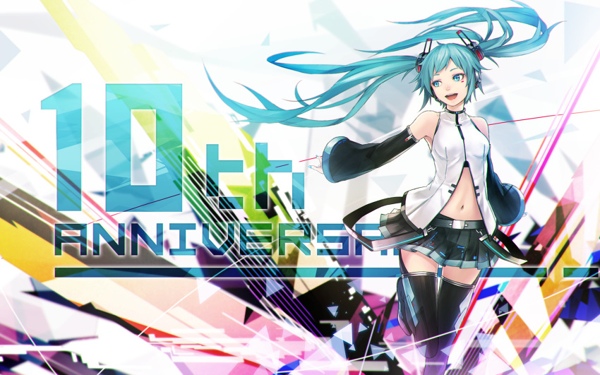 :d anniversary aqua_eyes aqua_hair aqua_nails armpit_peek bangs bare_shoulders belt black_boots black_skirt boots breasts commentary detached_sleeves english facial_mark hatsune_miku highres large_breasts long_hair looking_away looking_to_the_side midriff nail_polish navel open_mouth pleated_skirt shirt skirt sleeveless sleeveless_shirt smile standing standing_on_one_leg sugi_214 thigh-highs thigh_boots twintails vocaloid zettai_ryouiki