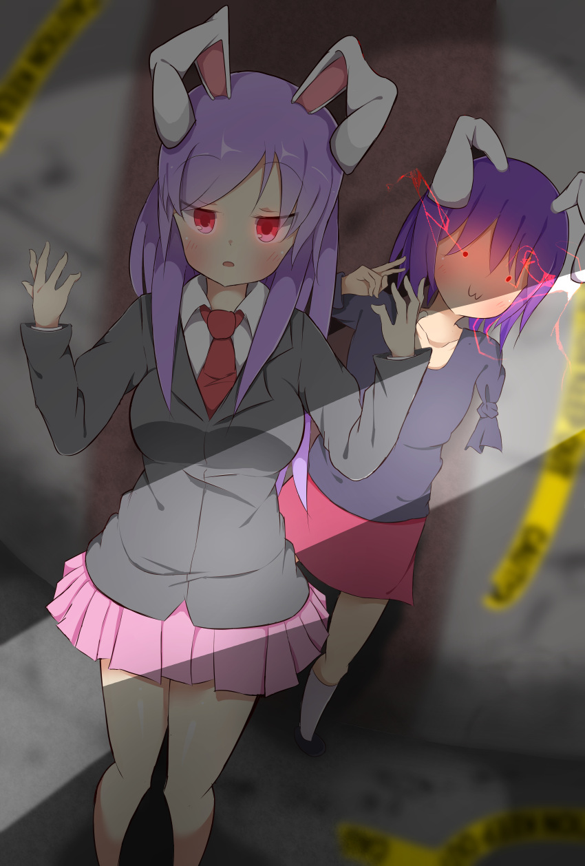2girls :3 absurdres akabeco animal_ears blush breasts collarbone cookie_(touhou) eyebrows_visible_through_hair fake_hisui_(cookie) glowing glowing_eyes highres hisui_(cookie) large_breasts long_hair looking_at_viewer multiple_girls necktie parted_lips purple_hair purple_skirt rabbit_ears red_eyes red_necktie reisen_udongein_inaba skirt touhou