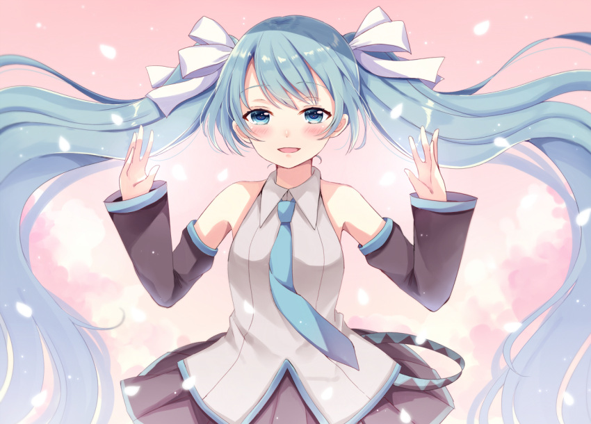 1girl bangs black_skirt blue_eyes blue_hair blue_necktie blush collared_shirt detached_sleeves eyebrows_visible_through_hair grey_shirt hair_ribbon half-closed_eyes hands_up hatsune_miku long_hair looking_at_viewer necktie open_mouth petals pleated_skirt ribbon sakura_hiyori shirt skirt sleeveless sleeveless_shirt smile solo suspenders twintails very_long_hair vocaloid white_ribbon