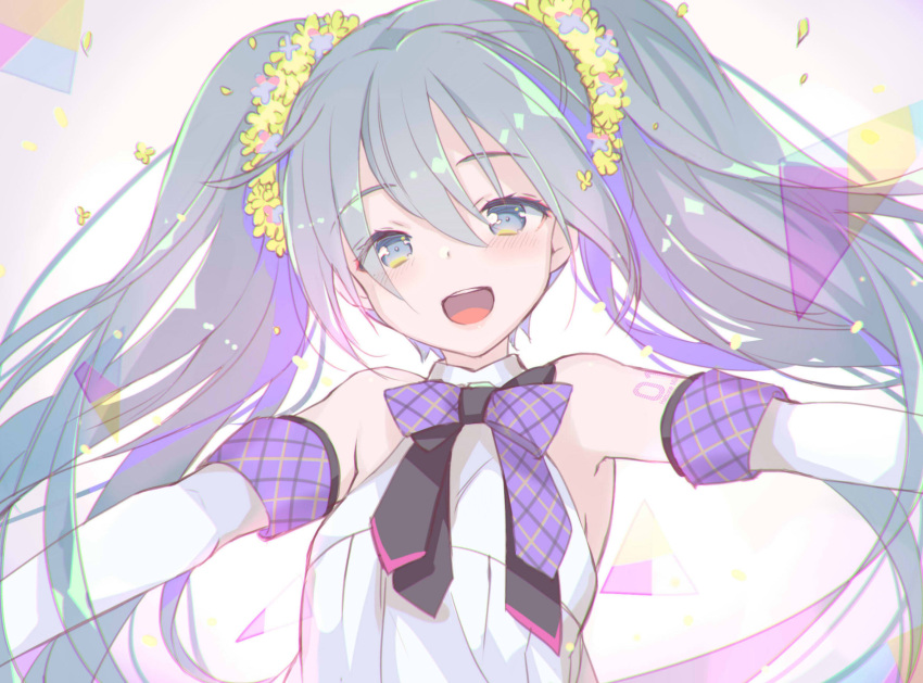 1girl :d bangs blue_eyes blue_hair blush detached_sleeves eyebrows_visible_through_hair floating_hair gin_(oyoyo) grey_hair hair_between_eyes hatsune_miku highres long_hair looking_at_viewer open_mouth outstretched_arms shoulder_tattoo sidelocks smile solo tattoo teeth twintails upper_body vocaloid