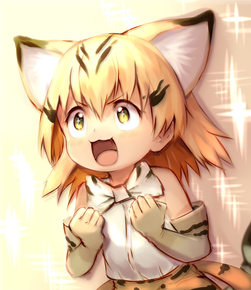 &gt;:3 &gt;:d +_+ 1girl :3 :d absurdres animal_ears awestruck bare_shoulders blonde_hair bow bowtie cat_ears clenched_hands commentary elbow_gloves gloves highres kemono_friends open_mouth sand_cat_(kemono_friends) shirt short_hair sleeveless sleeveless_shirt smile solo sparkle sukemyon upper_body white_shirt yellow_eyes