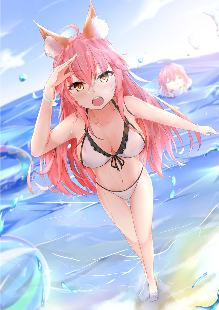 2girls animal_ears beach bikini blue_bikini breasts cleavage collarbone day fate/extra fate/grand_order fate_(series) fox_ears fox_tail highres innertube large_breasts long_hair looking_at_viewer multiple_girls ocean open_mouth outdoors pink_hair summer swimsuit tail tamamo_(fate)_(all) tamamo_cat_(fate) tamamo_no_mae_(fate) yellow_eyes yoruciel