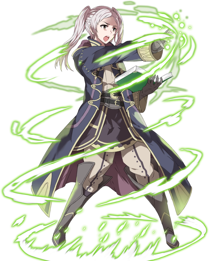 1girl book cape female_my_unit_(fire_emblem:_kakusei) fire_emblem fire_emblem:_kakusei fire_emblem_heroes full_body gloves highres hood long_hair magic my_unit_(fire_emblem:_kakusei) official_art open_mouth solo twintails ueda_yumehito white_hair