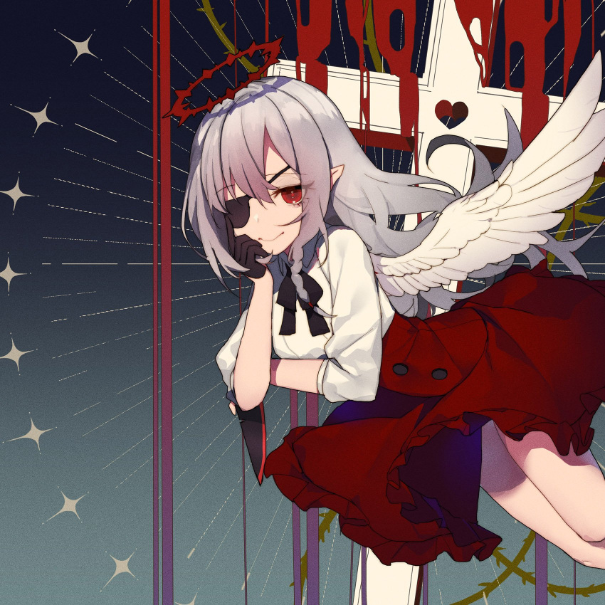 1girl acidear bangs black_bow black_bowtie bow bowtie closed_mouth collared_shirt cross eyebrows_visible_through_hair eyepatch feathered_wings grey_hair hair_between_eyes halo hand_up heart highres looking_at_viewer original red_eyes red_skirt shirt sidelocks single_wing skirt smile solo sparkle white_shirt white_wings wings